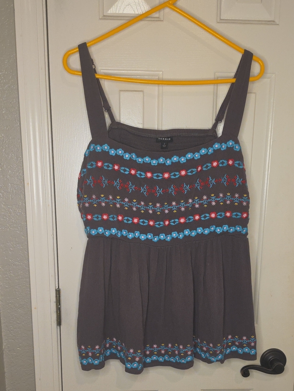 torrid chocolate tank with blue and red floral embroidery